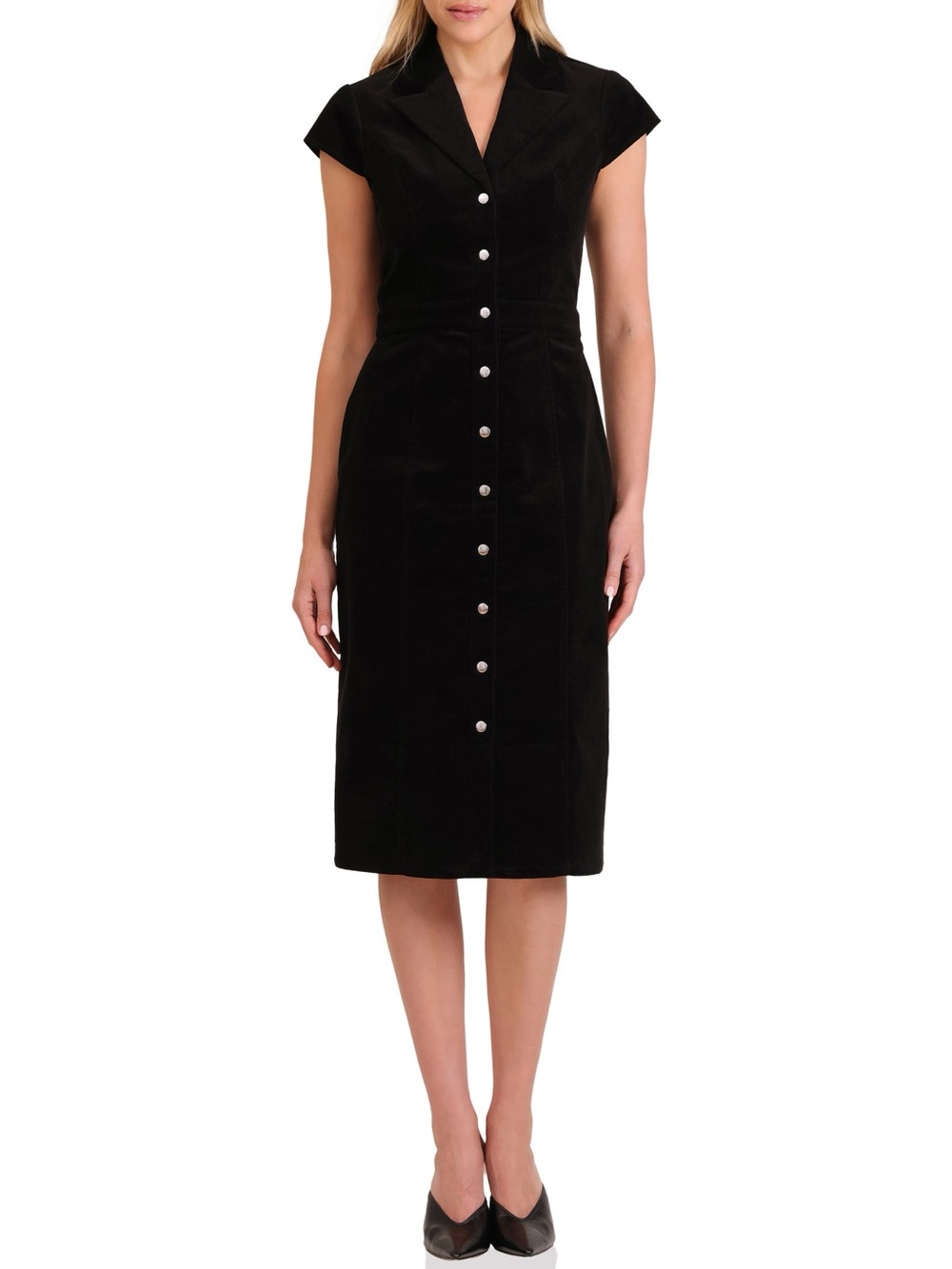 Avec Les Filles Women’s Black Corduroy Button Front Short Sleeve Midi Dress Sz 6